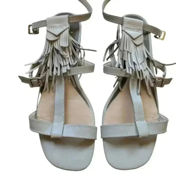 B Brian Atwood Megan Sandals  Nude Cream Leather Fringe Buckle Women's size 9 - Picture 2 of 9
